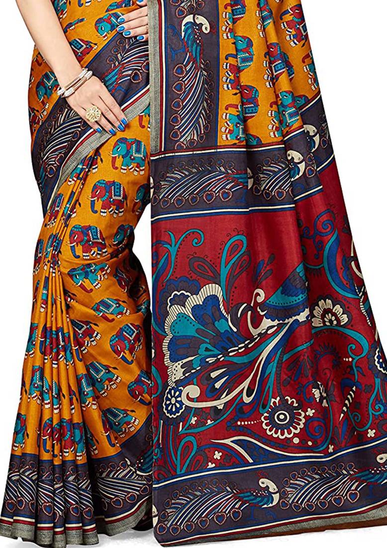 CLASSICATE from the house of The Chennai Silks Mustard Printed Kalamkari Tussar Art Silk Saree With Running Blouse