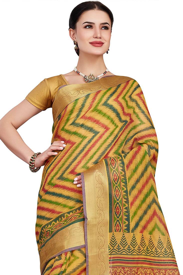 CLASSICATE from the house of The Chennai Silks Yellow Printed Gadwal Pure cotton Saree With Running Blouse