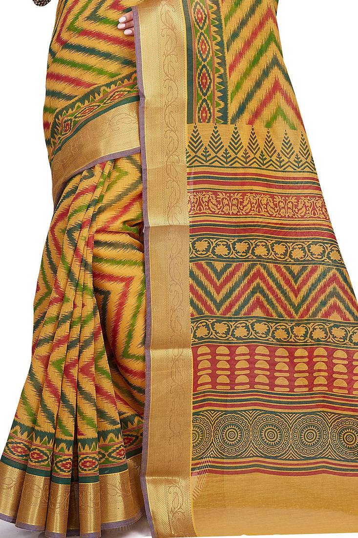 CLASSICATE from the house of The Chennai Silks Yellow Printed Gadwal Pure cotton Saree With Running Blouse