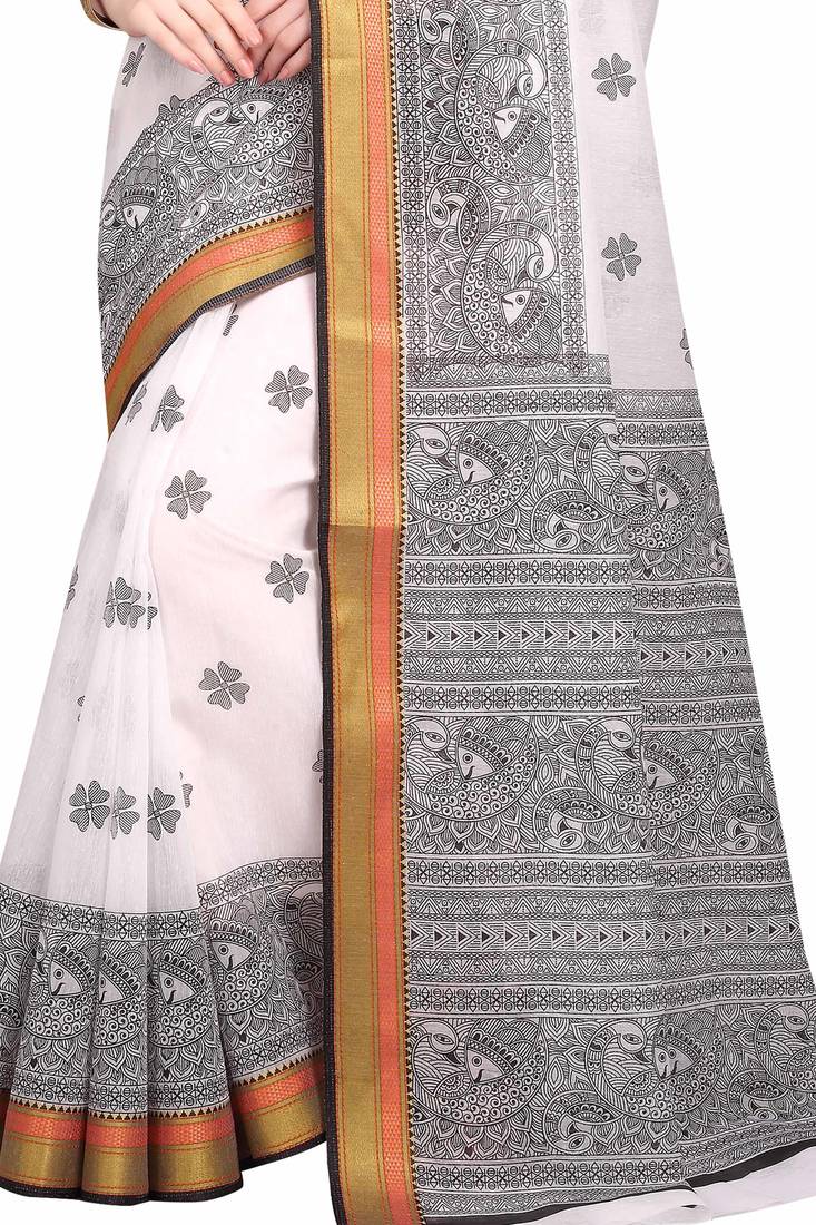 CLASSICATE from the house of The Chennai Silks White Printed Gadwal Pure Cotton Saree With Running Blouse
