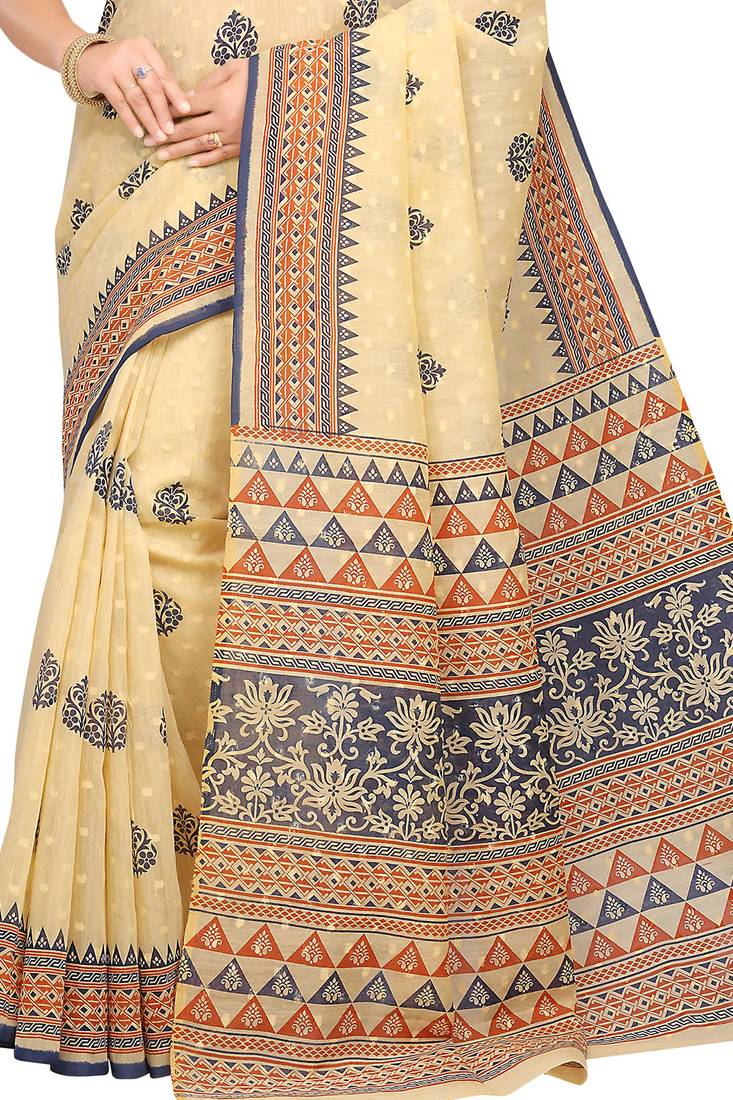 CLASSICATE from the house of The Chennai Silks Beige Printed Bollywood Pure Cotton Saree With Running Blouse