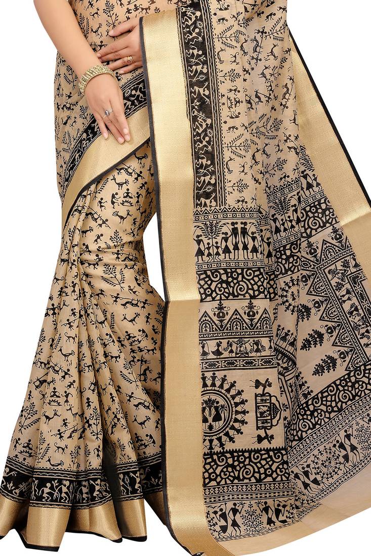 CLASSICATE from the house of The Chennai Silks Beige Printed Bollywood Pure Cotton Saree With Running Blouse