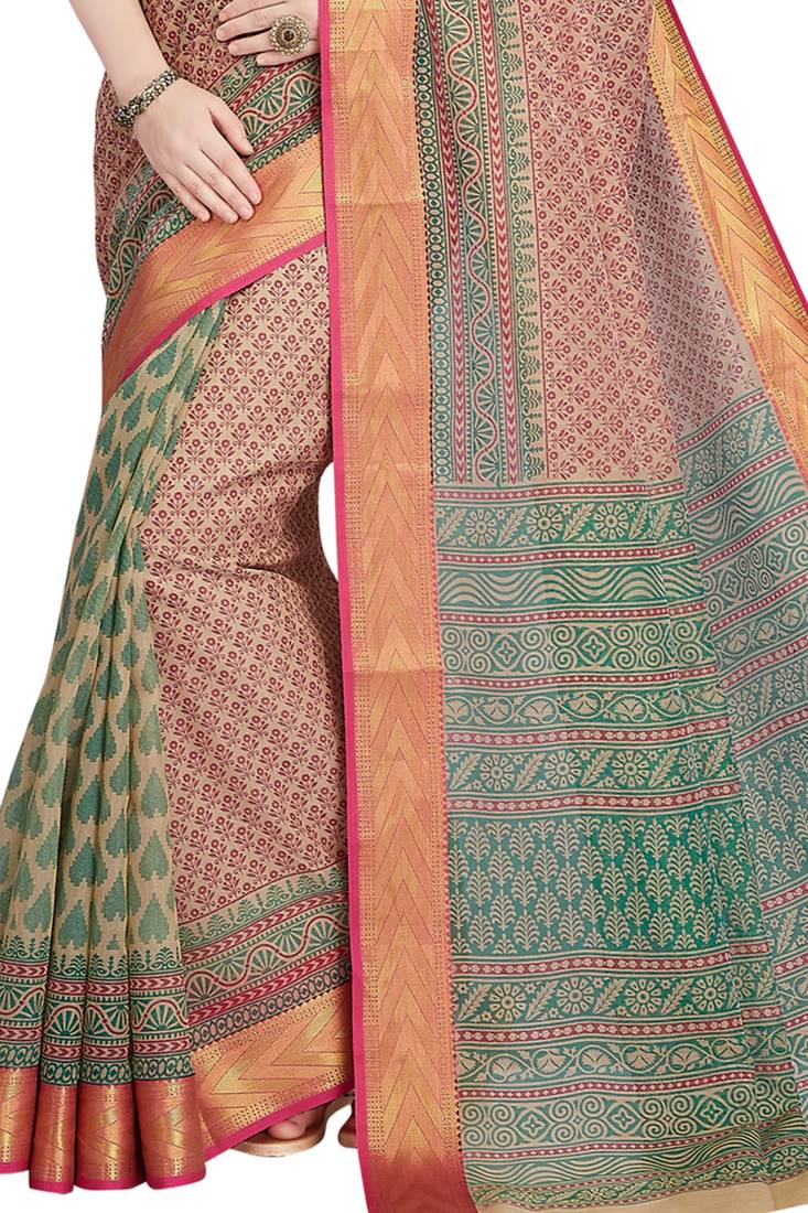 CLASSICATE from the house of The Chennai Silks Beige Printed Gadwal Pure Cotton Saree With Running Blouse