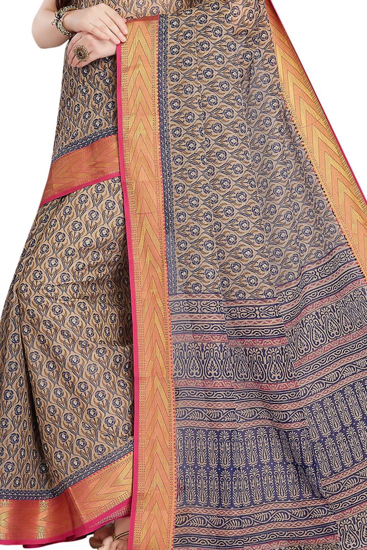 CLASSICATE from the house of The Chennai Silks Beige Printed Gadwal Pure cotton Saree With Running Blouse