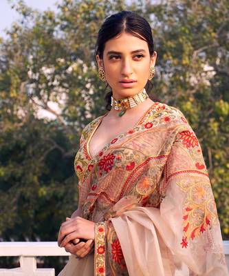 Beige Organza Saree With Blouse 4