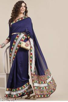 Blue embroidered silk blend saree with blouse