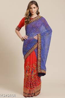 Red embroidered georgette saree with blouse