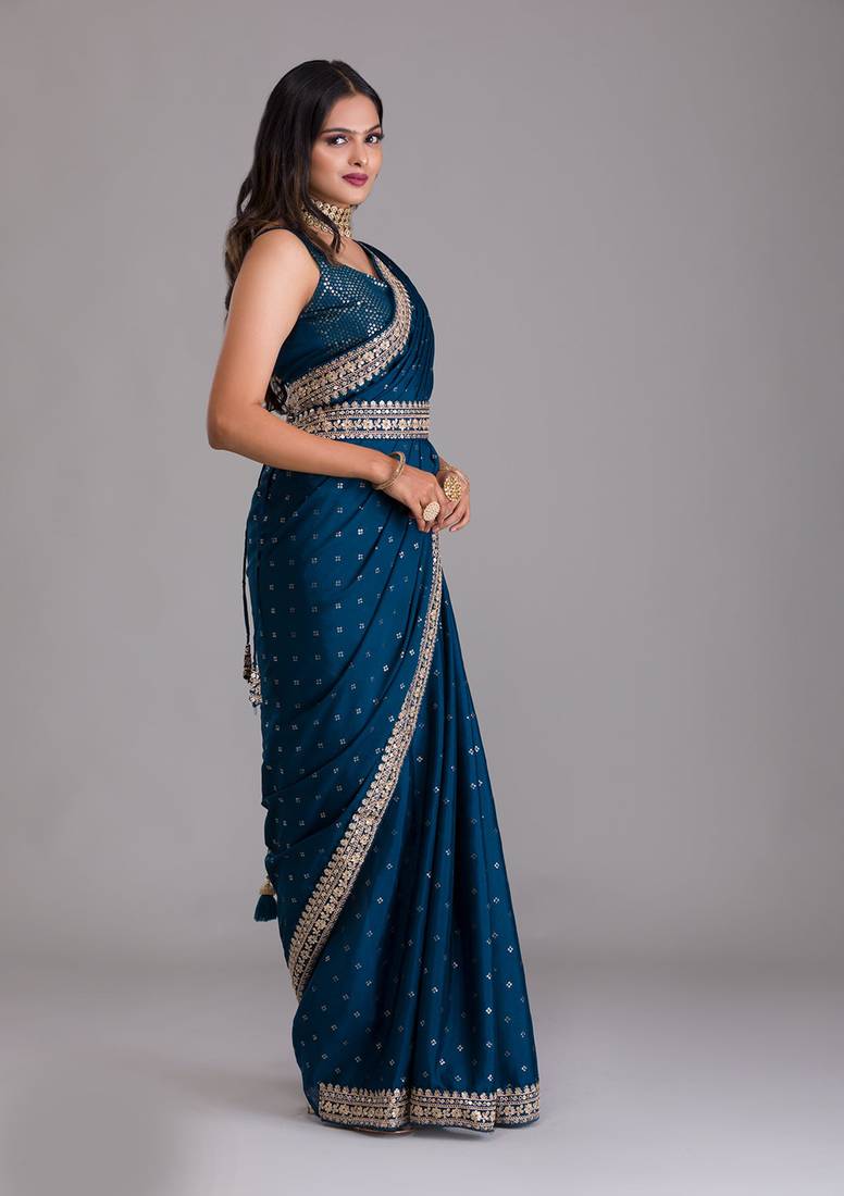 Meghalya Navy Blue Art Silk Sequin And Dori Embroidered Saree
