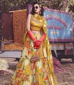 Yellow thread embroidery silk semi stitched lehenga