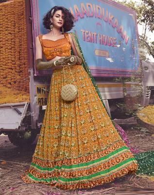 Mustard thread embroidery silk semi stitched lehenga 1