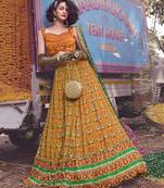 Mustard thread embroidery silk semi stitched lehenga