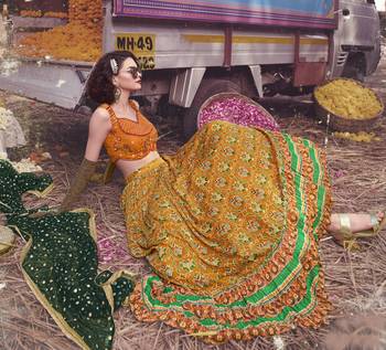Mustard thread embroidery silk semi stitched lehenga 2