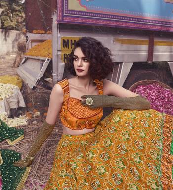 Mustard thread embroidery silk semi stitched lehenga 4