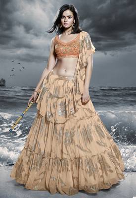 Peach thread embroidery silk semi stitched lehenga 1