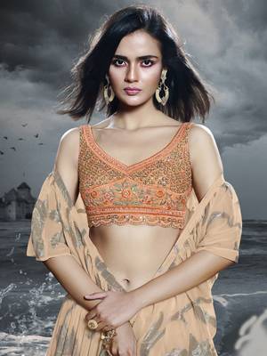 Peach thread embroidery silk semi stitched lehenga 2