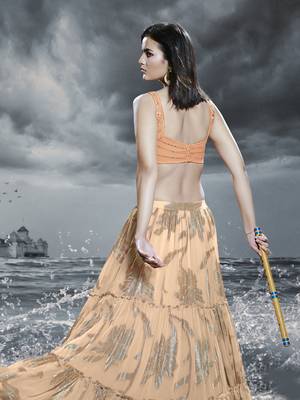 Peach thread embroidery silk semi stitched lehenga 4