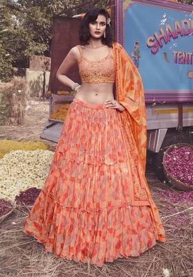 Peach Thread embroidered & Hand work Chinon silk semi stitched lehenga choli for wedding 1