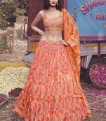 Peach Thread embroidered & Hand work Chinon silk semi stitched lehenga choli for wedding
