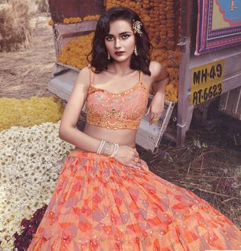 Peach Thread embroidered & Hand work Chinon silk semi stitched lehenga choli for wedding 2