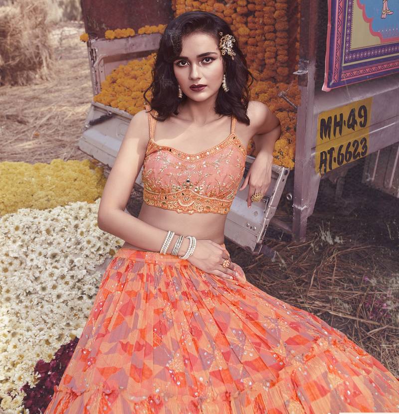 Peach Thread embroidered & Hand work Chinon silk semi stitched lehenga choli for wedding