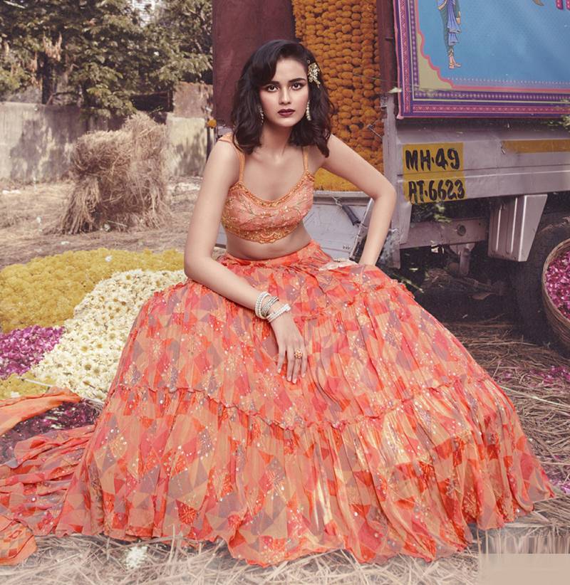 Peach Thread embroidered & Hand work Chinon silk semi stitched lehenga choli for wedding