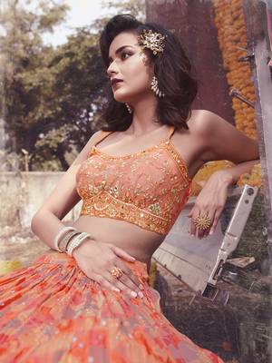 Peach Thread embroidered & Hand work Chinon silk semi stitched lehenga choli for wedding 4