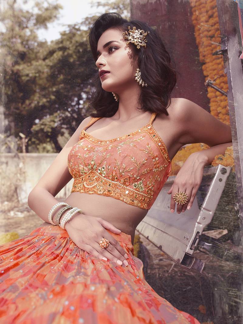 Peach Thread embroidered & Hand work Chinon silk semi stitched lehenga choli for wedding
