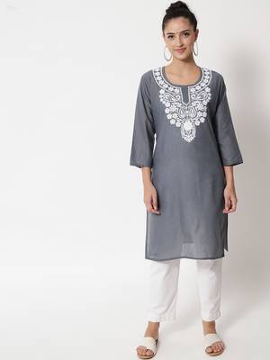Grey embroidered cotton chikankari-kurtis 1