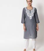 Grey embroidered cotton chikankari-kurtis