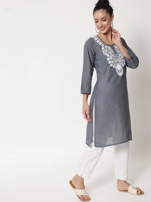 Grey embroidered cotton chikankari-kurtis 2