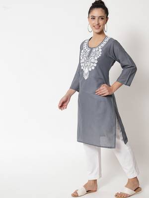 Grey embroidered cotton chikankari-kurtis 4