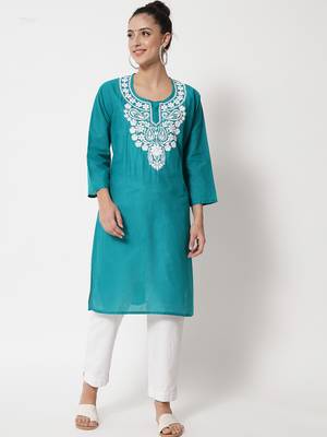 Green embroidered cotton chikankari-kurtis 1