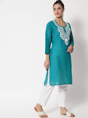 Green embroidered cotton chikankari-kurtis 2