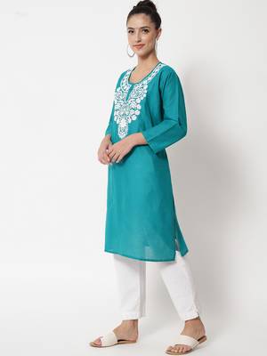 Green embroidered cotton chikankari-kurtis 4