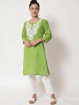 Green embroidered cotton chikankari-kurtis 1
