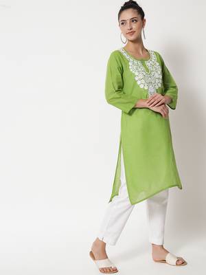 Green embroidered cotton chikankari-kurtis 2