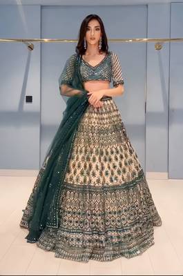 Chiku and Dark-green Dori, Sequins Embroidered georgette semi stitched Party wear lehenga choli 1