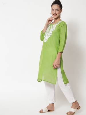 Green embroidered cotton chikankari-kurtis 4