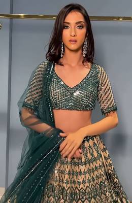 Chiku and Dark-green Dori, Sequins Embroidered georgette semi stitched Party wear lehenga choli 2