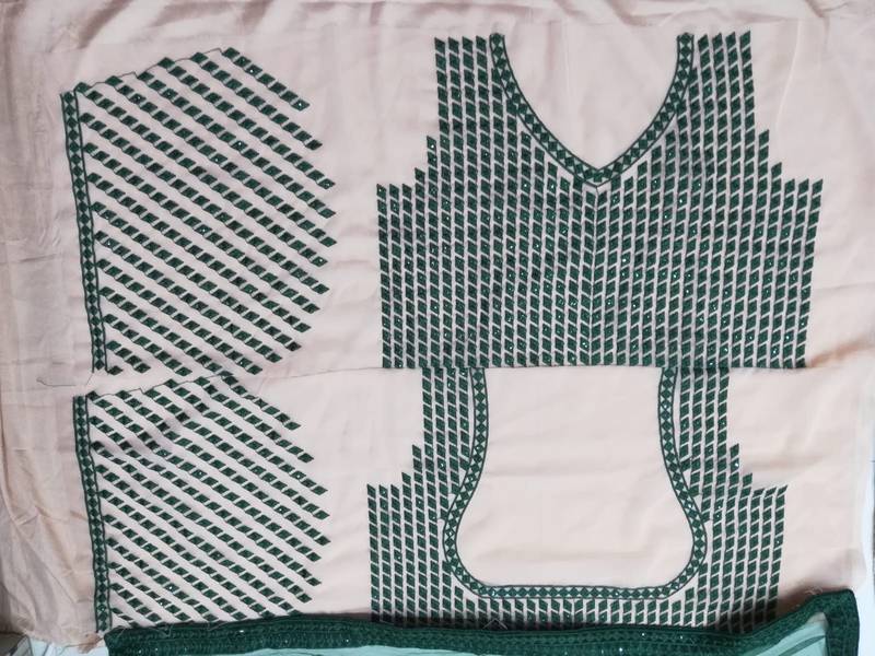 Chiku and Dark-green Dori, Sequins Embroidered georgette semi stitched Party wear lehenga choli