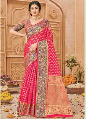 Rani Pink Silk Weaving Jacquard Designer Saree 1