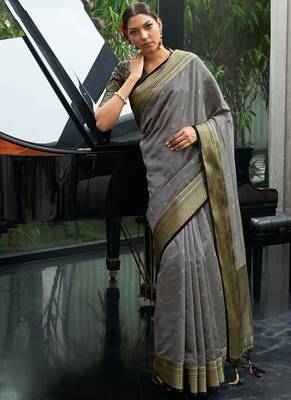 Grey Silk Weaving Jacquard Designer Saree 1