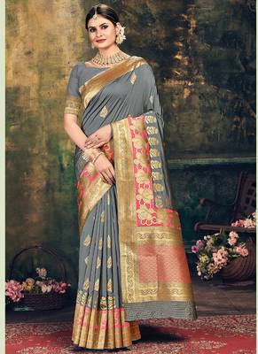 Grey Banarasi Silk Weaving Jacquard Designer Saree 1
