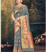 Grey Banarasi Silk Weaving Jacquard Designer Saree