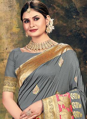 Grey Banarasi Silk Weaving Jacquard Designer Saree 2