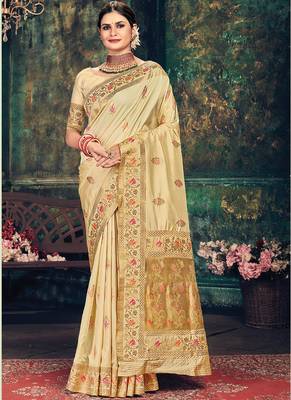 Cream Banarasi Silk Weaving Jacquard Designer Saree 1