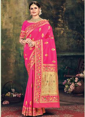 Rani Pink Banarasi Silk Weaving Jacquard Designer Saree 1
