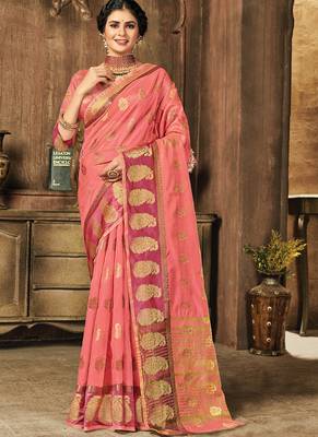 Peach Organza Weaving Designer Saree 1