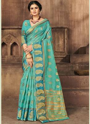 Turquoise Organza Weaving Designer Saree 1
