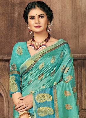 Turquoise Organza Weaving Designer Saree 2